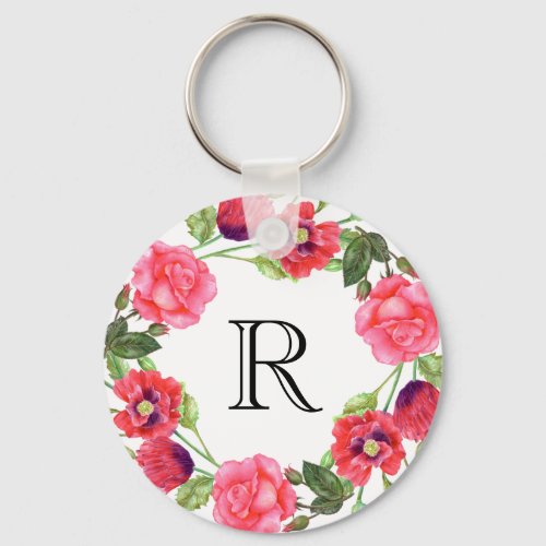 Watercolor Red and Pink Flowers Wreath Circle Keychain