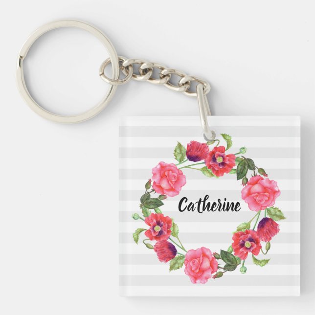 Watercolor Red and Pink Flowers Wreath Circle Keychain (Front)