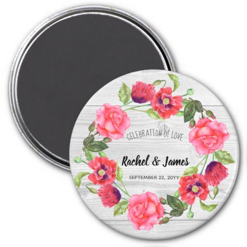 Watercolor Red and Pink Flowers Wreath Circle Magnet