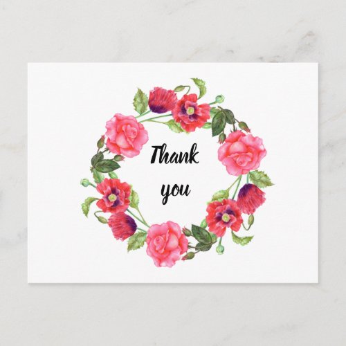 Watercolor Red and Pink Flowers Wreath Circle Postcard