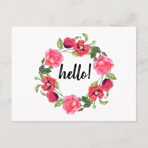 Watercolor Red and Pink Flowers Wreath Circle Postcard