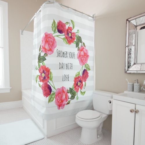 Watercolor Red and Pink Flowers Wreath Circle Shower Curtain