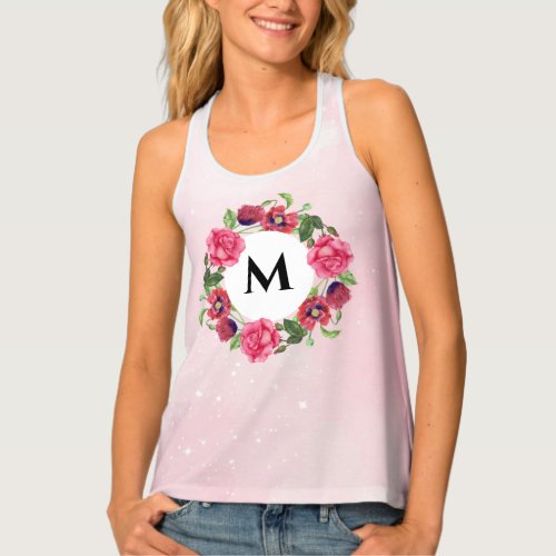 Watercolor Red and Pink Flowers Wreath Circle Tank Top
