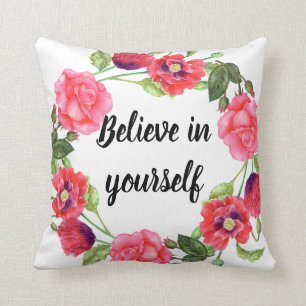 Watercolor Red and Pink Flowers Wreath Circle Throw Pillow