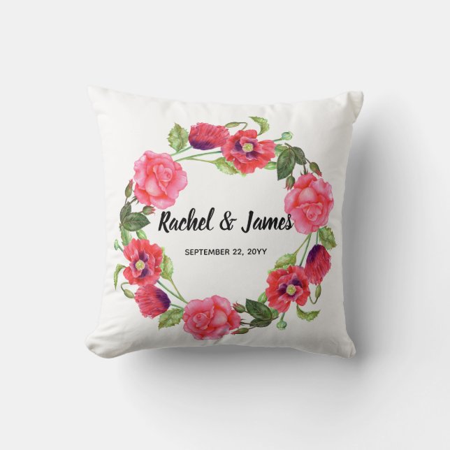 Watercolor Red and Pink Flowers Wreath Circle Throw Pillow (Front)