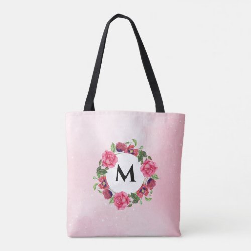 Watercolor Red and Pink Flowers Wreath Circle Tote Bag