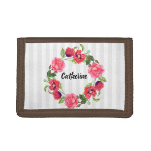 Watercolor Red and Pink Flowers Wreath Circle Tri-fold Wallet