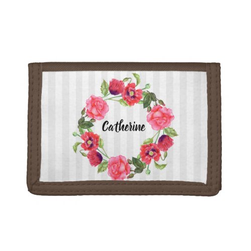 Watercolor Red and Pink Flowers Wreath Circle Tri_fold Wallet