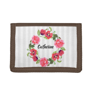Watercolor Red and Pink Flowers Wreath Circle Trifold Wallet