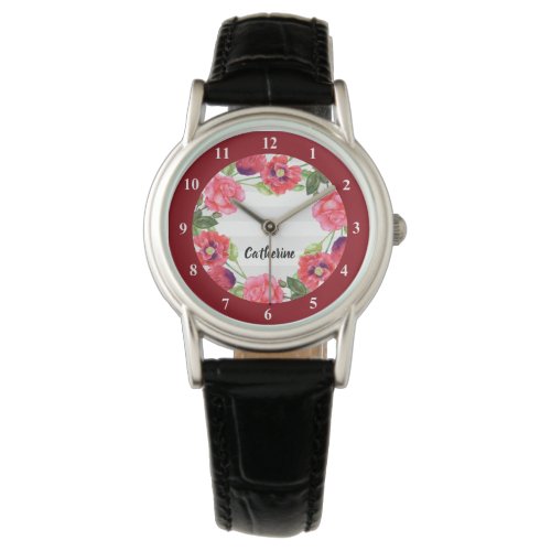 Watercolor Red and Pink Flowers Wreath Circle Watch
