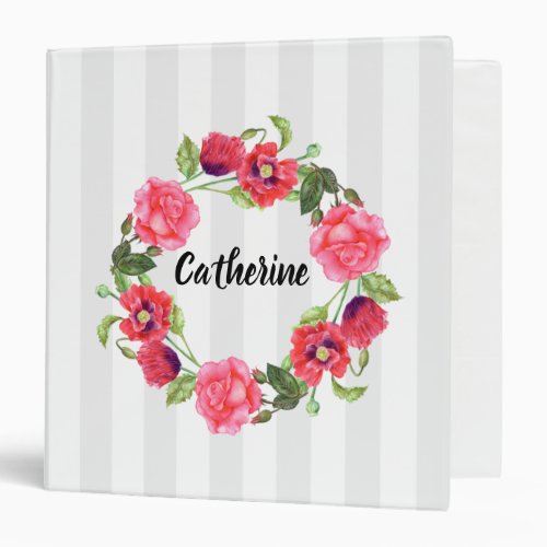 Watercolor Red and Pink Flowers Wreath Design 3 Ring Binder