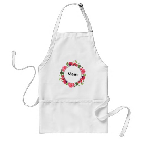 Watercolor Red and Pink Flowers Wreath Design Adult Apron