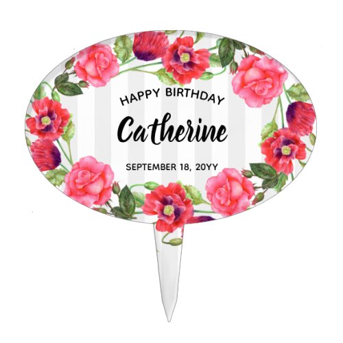 Watercolor Red and Pink Flowers Wreath Design Cake Topper