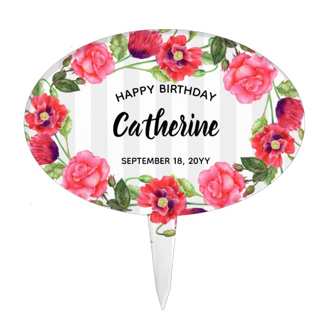 Watercolor Red and Pink Flowers Wreath Design Cake Topper (Front)