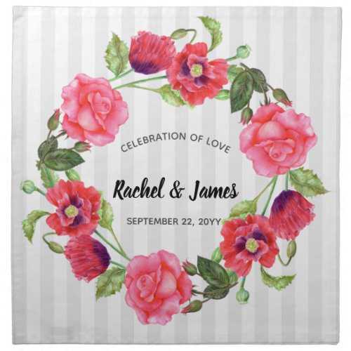 Watercolor Red and Pink Flowers Wreath Design Cloth Napkin