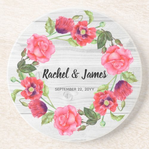 Watercolor Red and Pink Flowers Wreath Design Coaster