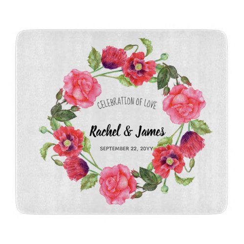 Watercolor Red and Pink Flowers Wreath Design Cutting Board
