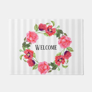 Watercolor Red and Pink Flowers Wreath Design Doormat