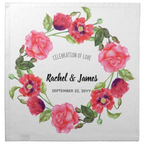 Watercolor Red and Pink Flowers Wreath Design Napkin