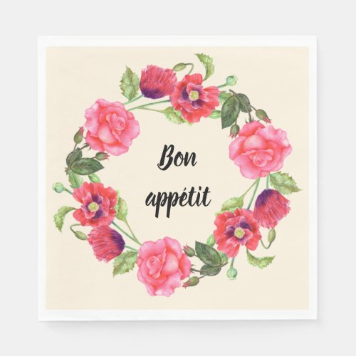 Watercolor Red and Pink Flowers Wreath Design Napkins