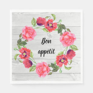 Watercolor Red and Pink Flowers Wreath Design Napkins