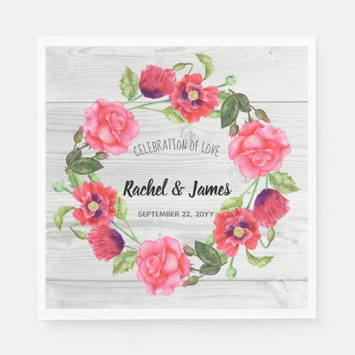Watercolor Red and Pink Flowers Wreath Design Napkins