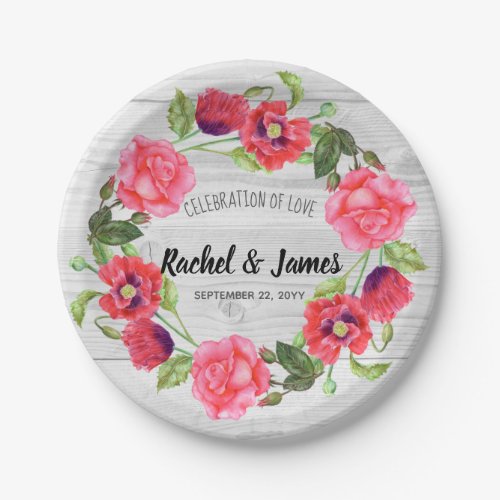 Watercolor Red and Pink Flowers Wreath Design Paper Plates