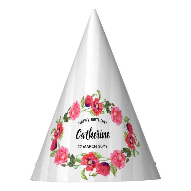 Watercolor Red and Pink Flowers Wreath Design Party Hat (Front)