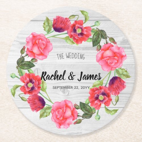 Watercolor Red and Pink Flowers Wreath Design Round Paper Coaster