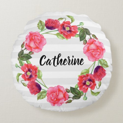 Watercolor Red and Pink Flowers Wreath Design Round Pillow