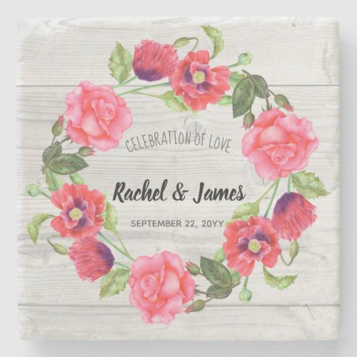 Watercolor Red and Pink Flowers Wreath Design Stone Coaster