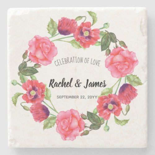 Watercolor Red and Pink Flowers Wreath Design Stone Coaster