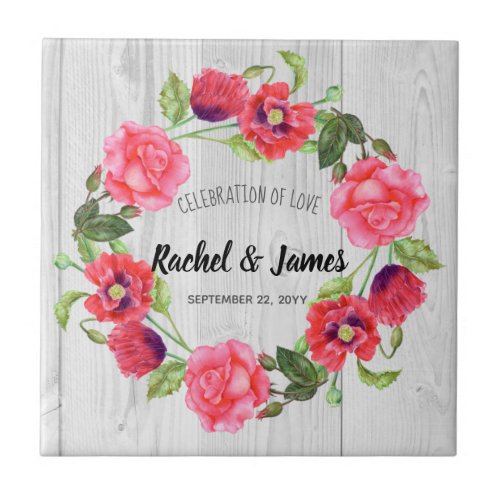 Watercolor Red and Pink Flowers Wreath Design Tile