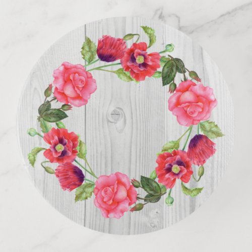 Watercolor Red and Pink Flowers Wreath Design Trinket Tray