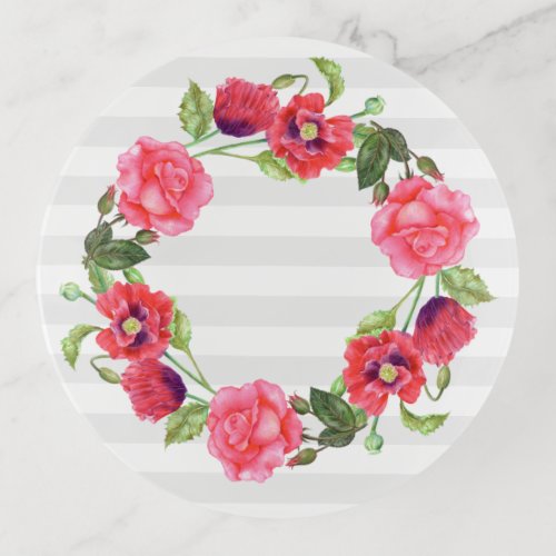 Watercolor Red and Pink Flowers Wreath Design Trinket Tray