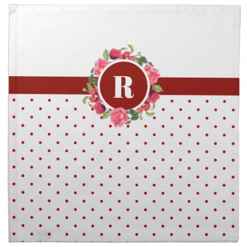 Watercolor Red and Pink Flowers Wreath Monogram Cloth Napkin