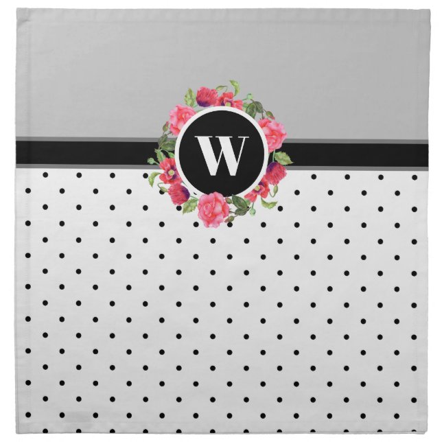 Watercolor Red and Pink Flowers Wreath Monogram Cloth Napkin (Front)