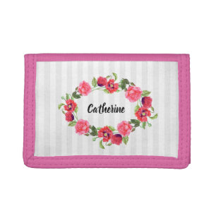 Watercolor Red and Pink Flowers Wreath Oval Design Tri-fold Wallet