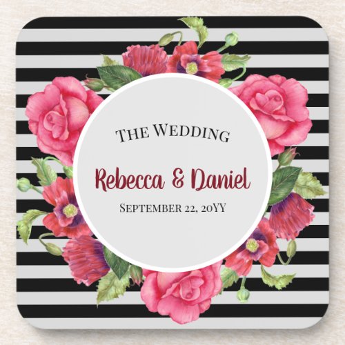 Watercolor Red and Pink Flowers Wreath Wedding Beverage Coaster