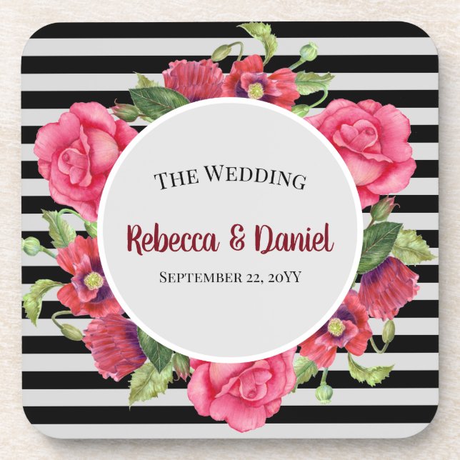 Watercolor Red and Pink Flowers Wreath Wedding Beverage Coaster (Front)