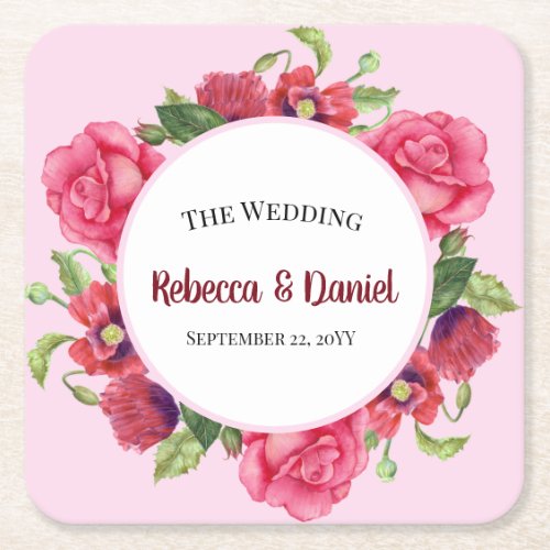 Watercolor Red and Pink Flowers Wreath Wedding Square Paper Coaster