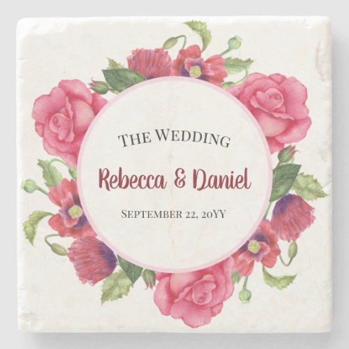 Watercolor Red and Pink Flowers Wreath Wedding Stone Coaster