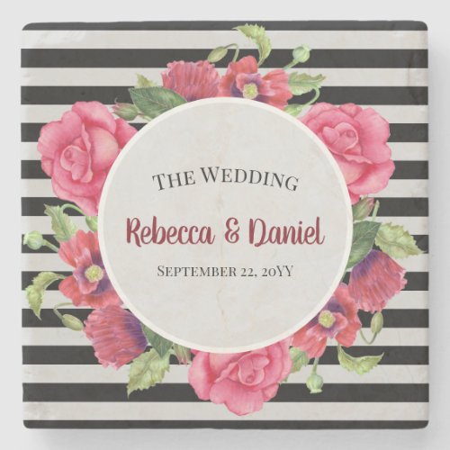 Watercolor Red and Pink Flowers Wreath Wedding Stone Coaster