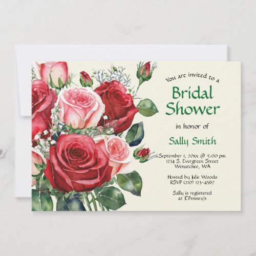 Watercolor Red and Pink Roses Bridal Shower Invitation