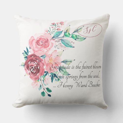 Watercolor Red and Pink Roses Gratitude Floral Outdoor Pillow
