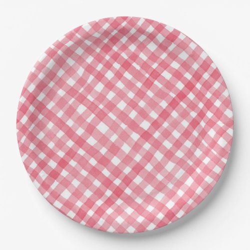 Watercolor Red and White Plaid Pattern Paper Plate