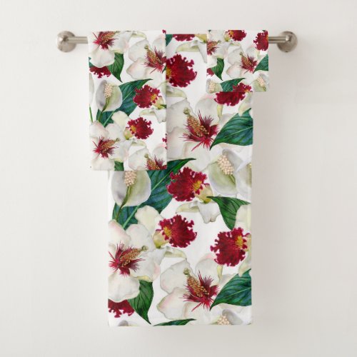 Watercolor Red And White Summer tropical Blooms Bath Towel Set