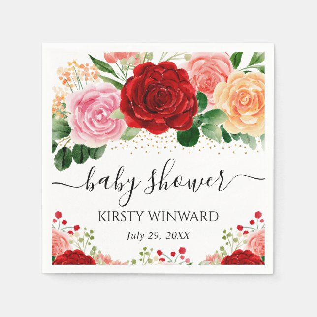 Watercolor Red and Yellow Roses Baby Shower Napkins (Front)