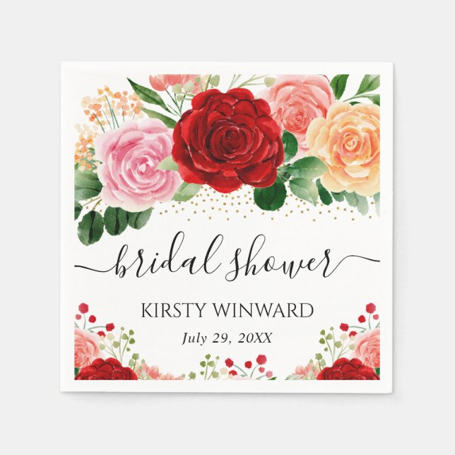 Watercolor Red and Yellow Roses Bridal Shower Napkins (Front)