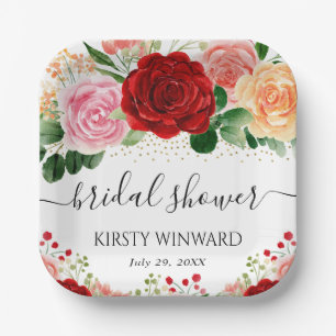 Watercolor Red and Yellow Roses Bridal Shower Paper Plates